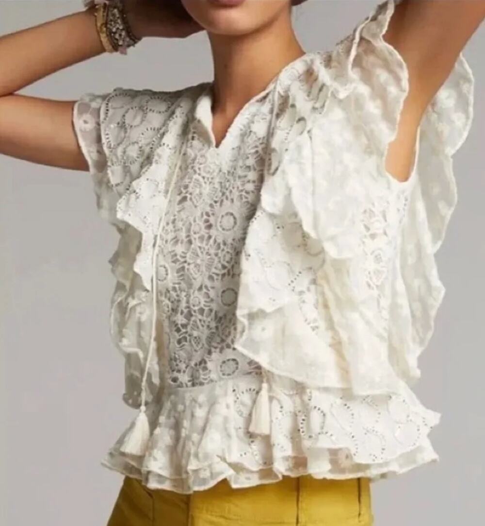 Anthropologie Verb by Pallavi Singhee Ruffled Lace Blouse Cream size XS